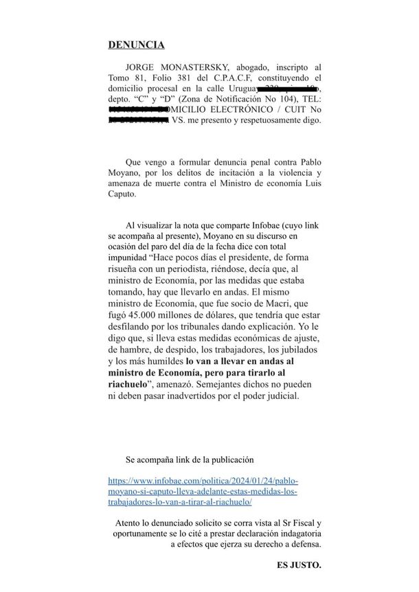 La denuncia del abogado Jorge Monastersky contra Pablo Moyano por sus dichos contra el ministro Luis Caputo  