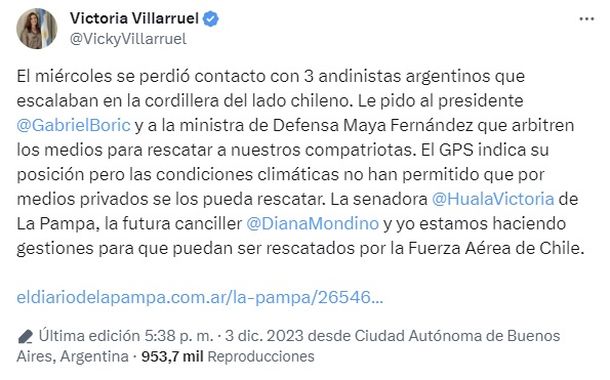 El mensaje de Victoria Villarruel a Gabriel Boric por los andinistas argentinos perdidos en Chile El mensaje de Victoria Villarruel a Gabriel Boric por los andinistas argentinos perdidos en Chile