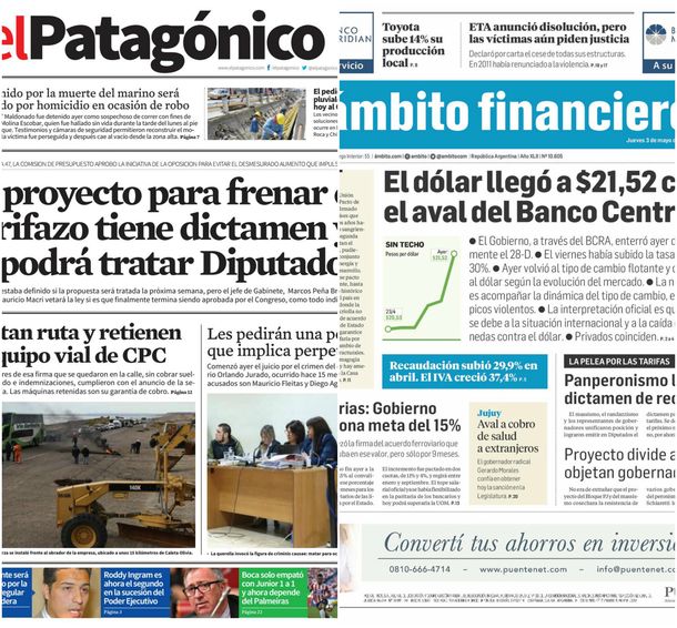 Tapas de diarios del jueves 3 de mayo de 2018