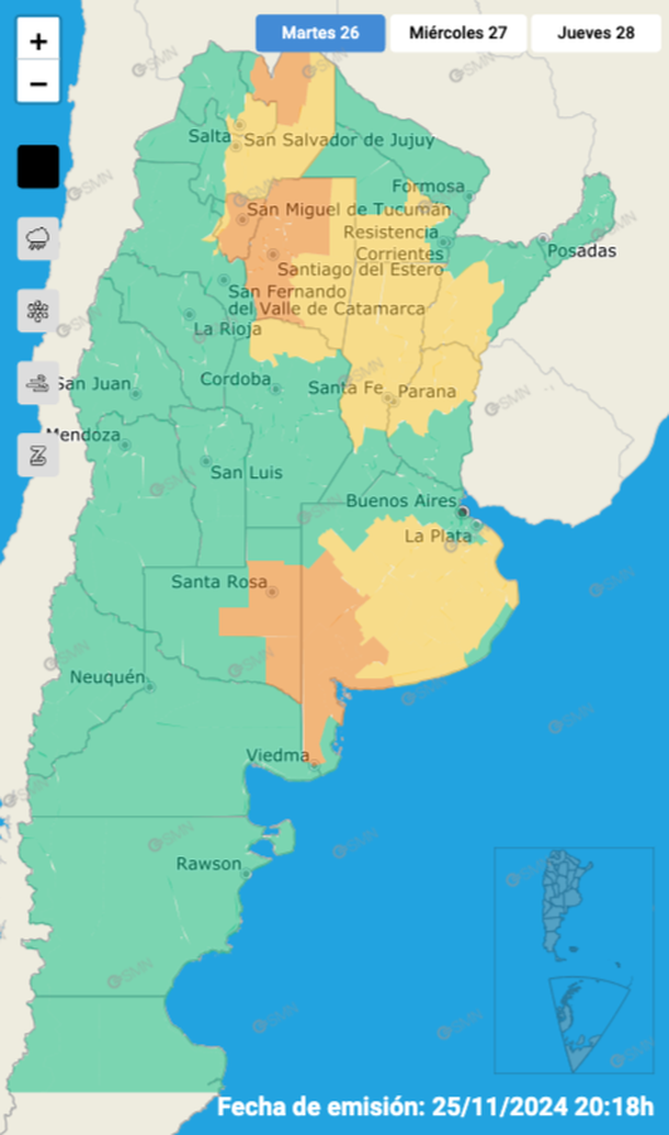Alerta por tormentas fuertes y granizo este martes en Buenos Aires y otras 10 provincias. Fuente: Servicio Meteorológico Nacional. Alerta por tormentas fuertes y granizo este martes en Buenos Aires y otras 10 provincias. Fuente: Servicio Meteorológico Nacional.