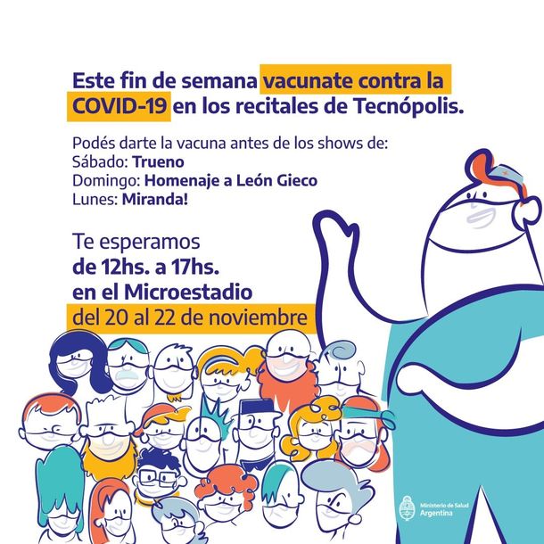 Instalarán en Tecnópolis postas de vacunación contra COVID-19 en medio de los recitales Trueno, Nonpalidece, León Gieco y Miranda!