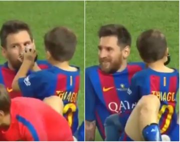 Lionel Messi y Thiago tras el partido del Barcelona