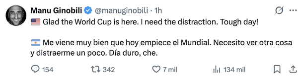 Manu Ginóbili se volvió viral tras "celebrar" el inicio del Mundial 2026 Manu Ginóbili se volvió viral tras "celebrar" el inicio del Mundial 2026