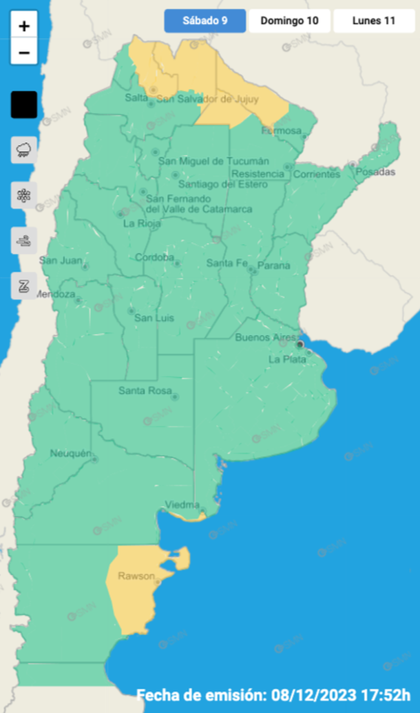 Mapa de alertas por tormentas y granizo este sábado. Fuente: Servicio Meteorológico Nacional. Mapa de alertas por tormentas y granizo este sábado. Fuente: Servicio Meteorológico Nacional.