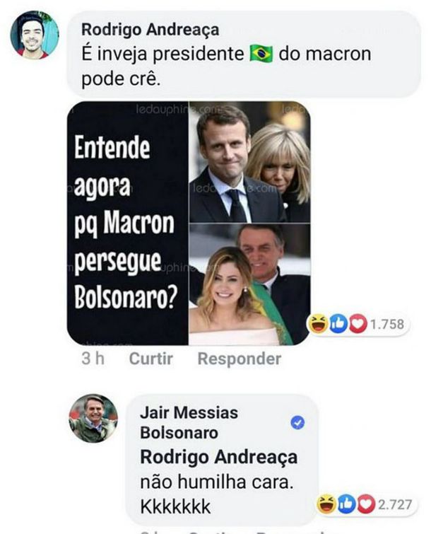 Bolsonaro hizo un comentario despectivo sobre la mujer de Macron en Facebook