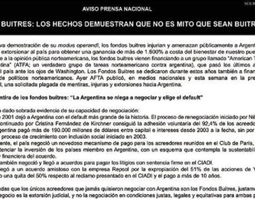 El Gobierno refutó con una solicitada los mitos de los lobistas buitre sobre el país