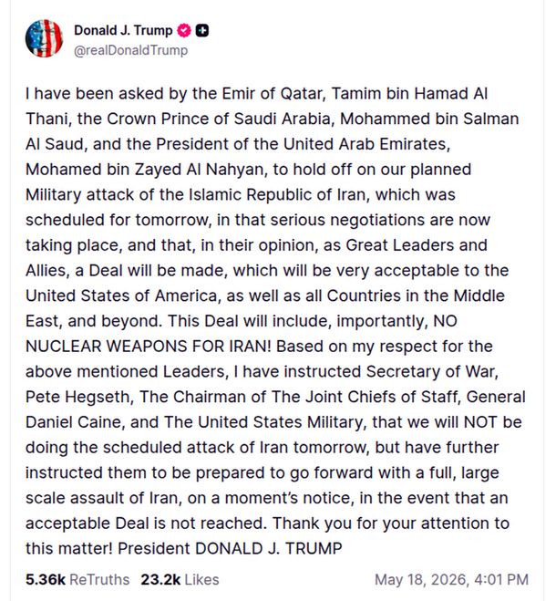 Donald Trump pospuso el ataque a gran escala contra Irán ante la posiblidad de un acuerdo muy aceptable