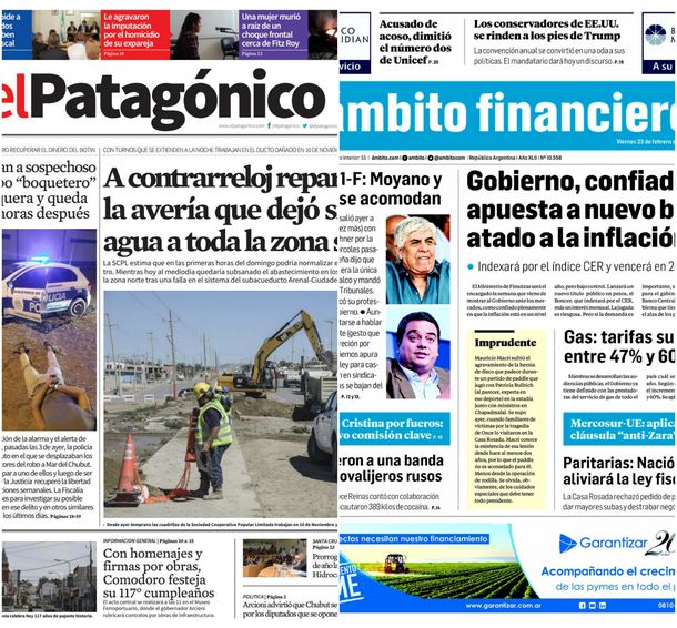 Tapas de diarios del viernes 23 de febrero de 2018