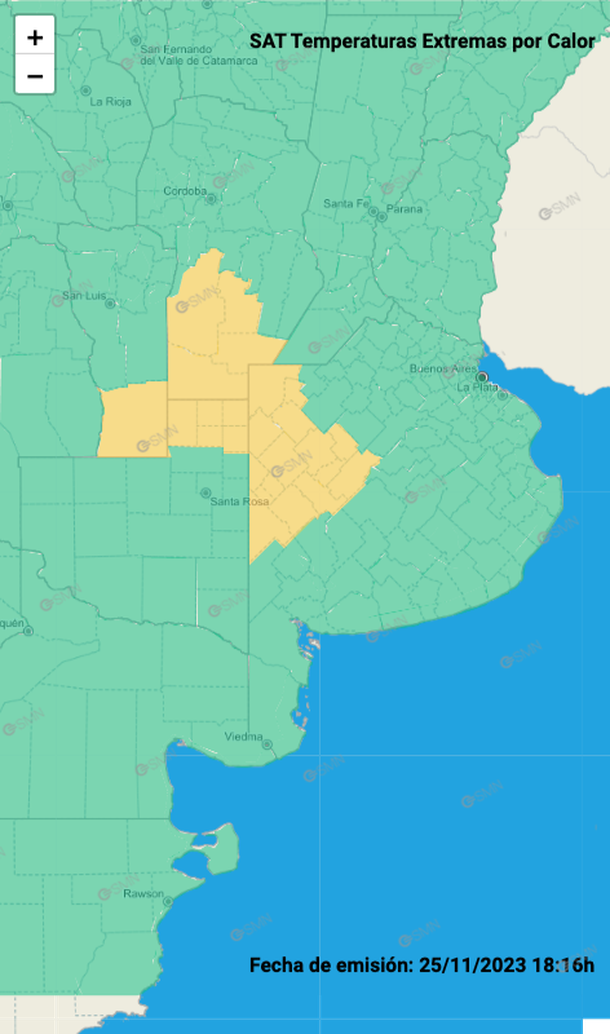 Mapa de alerta por calor en Buenos Aires, La Pampa, Córdoba y San Luis. Fuente: Servicio Meteorológico Nacional. Mapa de alerta por calor en Buenos Aires, La Pampa, Córdoba y San Luis. Fuente: Servicio Meteorológico Nacional.