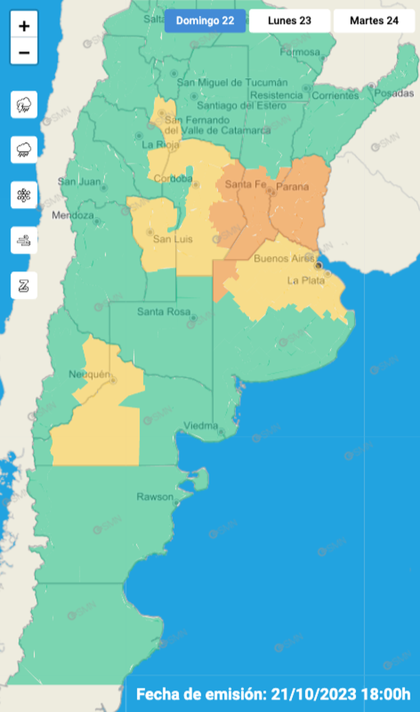 Mapa de alertas por tormentas y granizo. Fuente: Servicio Meteorológico Nacional. Mapa de alertas por tormentas y granizo. Fuente: Servicio Meteorológico Nacional.