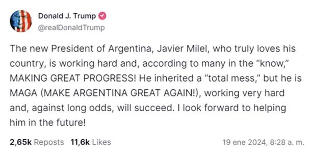 El mensaje de Donald Trump en apoyo a Javier Milei tras el discurso en el Foro de Davos