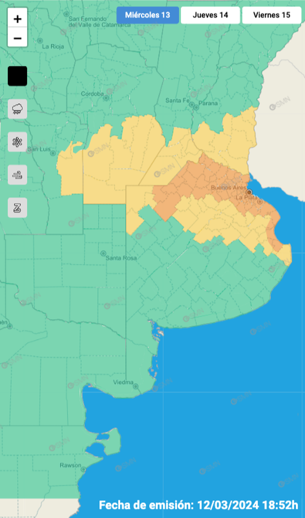 Alerta por tormentas y granizo para Buenos Aires y otras zonas del país. Fuente: Servicio Meteorlógico Nacional. Alerta por tormentas y granizo para Buenos Aires y otras zonas del país. Fuente: Servicio Meteorlógico Nacional.