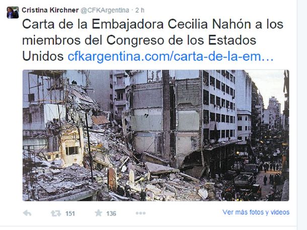 CFK publicó la carta de la embajadora Nahón al Congreso de EE.UU.