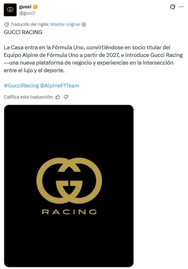 Gucci será el sponsor principal de Alpine en 2027 Gucci será el sponsor principal de Alpine en 2027