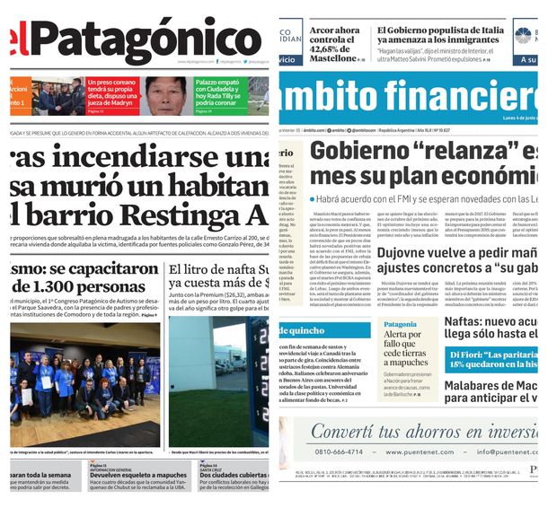 Tapas de diarios del lunes 4 de junio de 2018