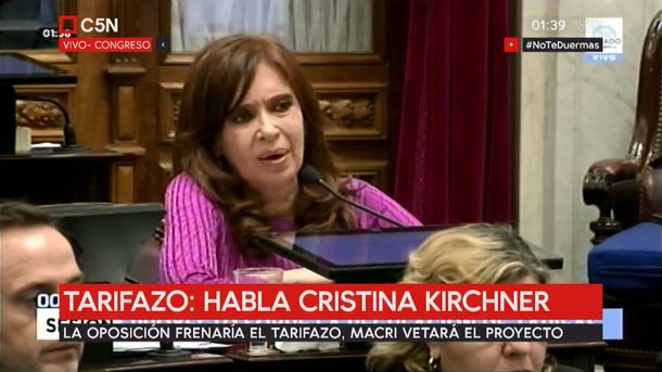 Cristina Fernández de Kirchner en la sesión por la Ley Antitarifazo
