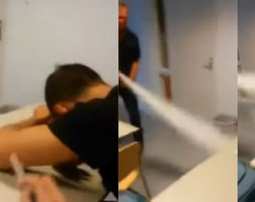 Se quedó dormido en clase y el profesor lo atacó con un matafuegos: mirá el video
