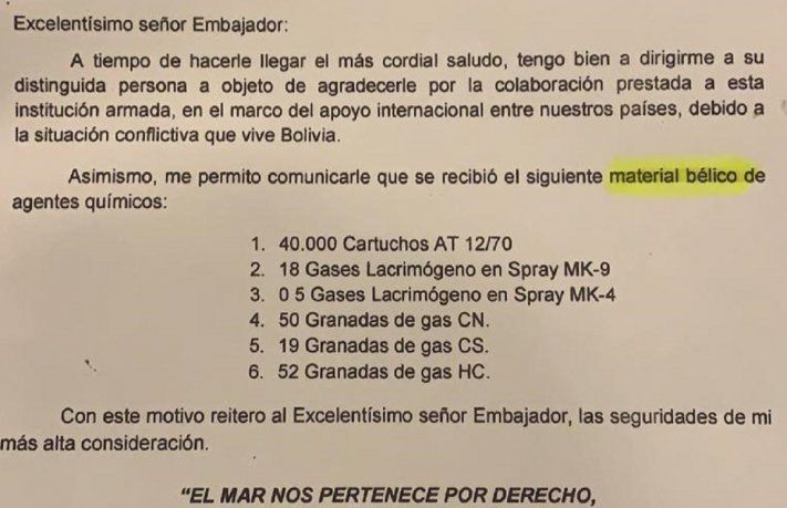 El documento oficial que confirma el material bélico enviado por Macri tras el golpe de Estado en Bolivia