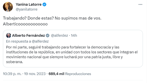 Yanina Latorre se mostró a favor de Javier Milei. Yanina Latorre se mostró a favor de Javier Milei.