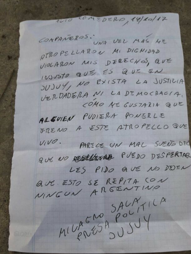 La carta enviada por Sala desde el penal Alto Comedero