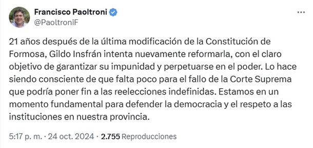 Contundente mensaje del senador Francisco Paoltroni (@PaoltroniF)