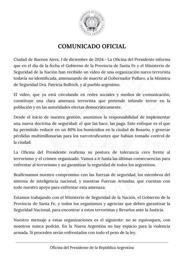 El comunicado de la Oficina del Presidente sobre el video