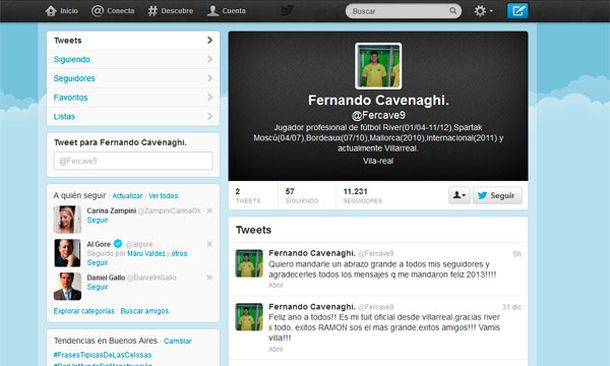 Cavenaghi debutó en Twitter y elogió a Ramón Díaz