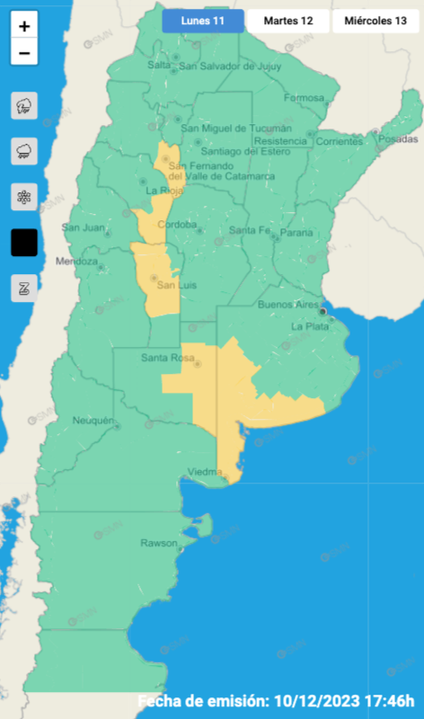 Mapa este lunes por viento fuerte en Buenos Aires y otras cuatro provincias. Fuente: Servicio Meteorológico Nacional. Mapa este lunes por viento fuerte en Buenos Aires y otras cuatro provincias. Fuente: Servicio Meteorológico Nacional.
