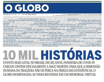 Conmovedora e impactante tapa de O Globo homenajeando a los muertos por coronavirus