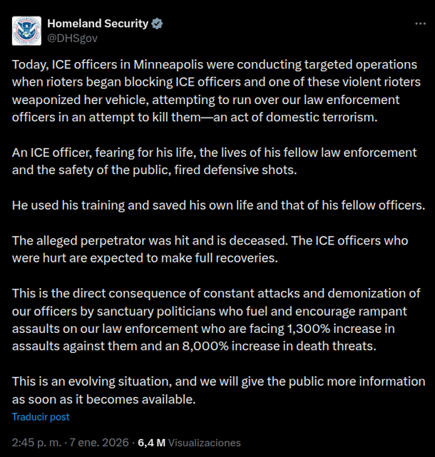 Un agente de Migraciones de Estados Unidos mató a una mujer y las autoridades dijeron que se defendió