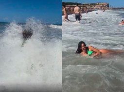 El viral de la mujer que cae al agua en Mar del Plata: Cuidado con la ola