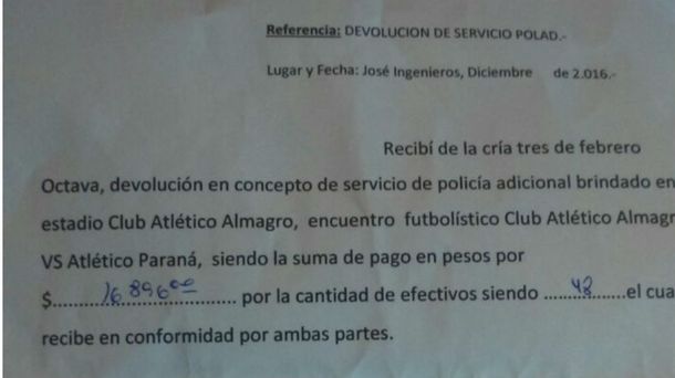 Comunicado de la policía donde devuelve el dinero del operativo en el club Almagro