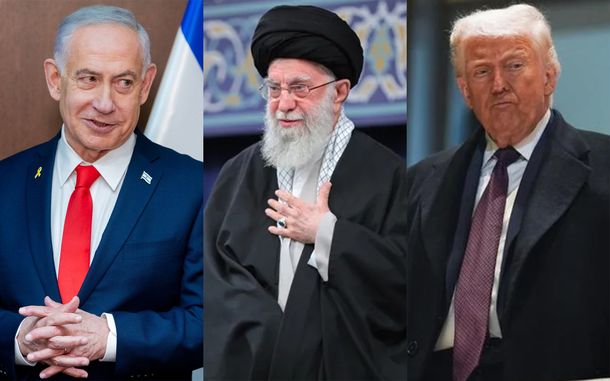 Alí Jamenei entre Benjamin Netanyahu y Donald Trump.