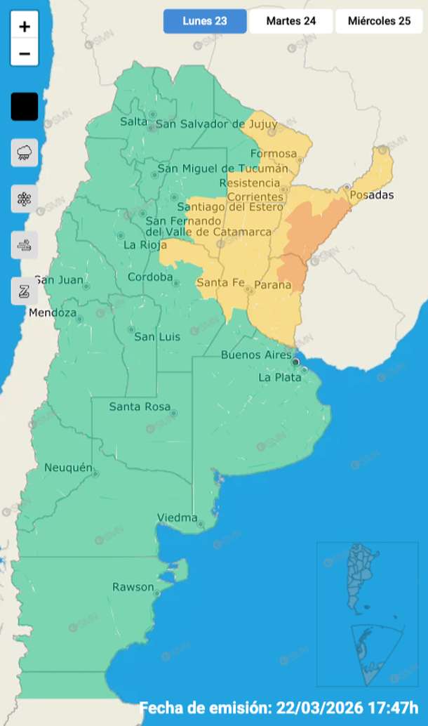 Alerta este lunes por tormentas con granizo. Fuente: Servicio Meteorológico Nacional. Alerta este lunes por tormentas con granizo. Fuente: Servicio Meteorológico Nacional.