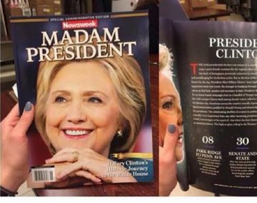 El interior de la revista Newsweek que estaba preparada con el triunfo de Hillary Clinton