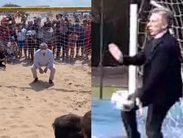 Alberto Fernández atajó penales en la playa y le fue mejor que a Macri
