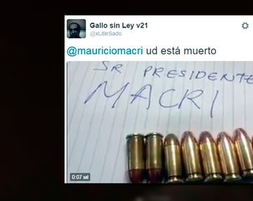 Captura de las amenazas que un usuario de Twitter realizara al presidente Mauricio Macri