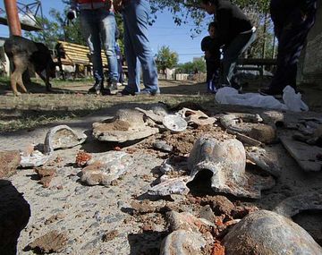 Restos de ataúdes y huesos en una calle