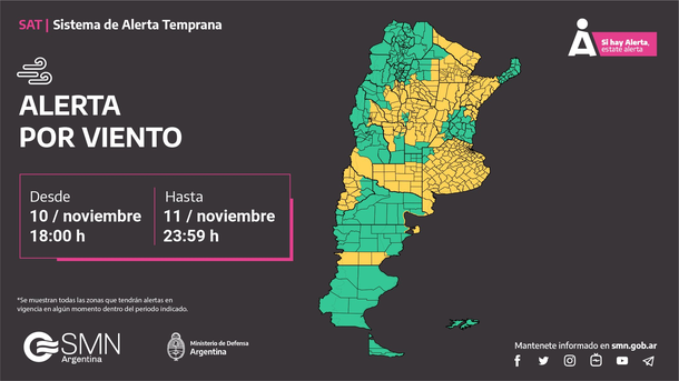 Alerta por viento fuerte este lunes en Buenos Aires y otras once provincias. Fuente: Servicio Meteorológico Nacional. Alerta por viento fuerte este lunes en Buenos Aires y otras once provincias. Fuente: Servicio Meteorológico Nacional. 
