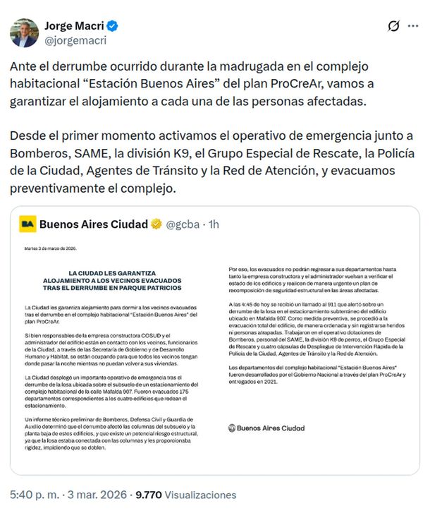 La Ciudad anunció medidas por el derrumbe en Parque Patricios: alojamiento a vecinos evacuados