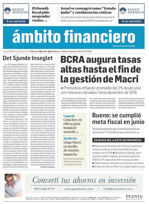 Tapas de diarios del viernes 20 de julio de 2018