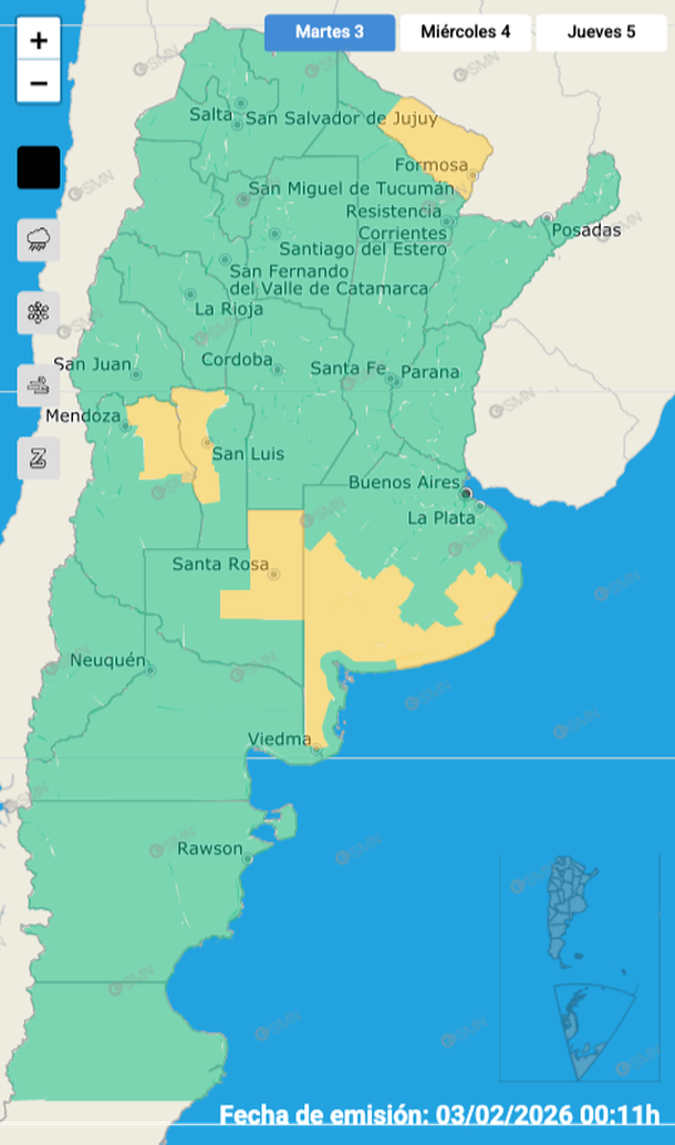 Alerta por tormentas y granizo este martes en Buenos Aires y otras provincias. Fuente: Servicio Meteorológico Nacional. Alerta por tormentas y granizo este martes en Buenos Aires y otras provincias. Fuente: Servicio Meteorológico Nacional. 