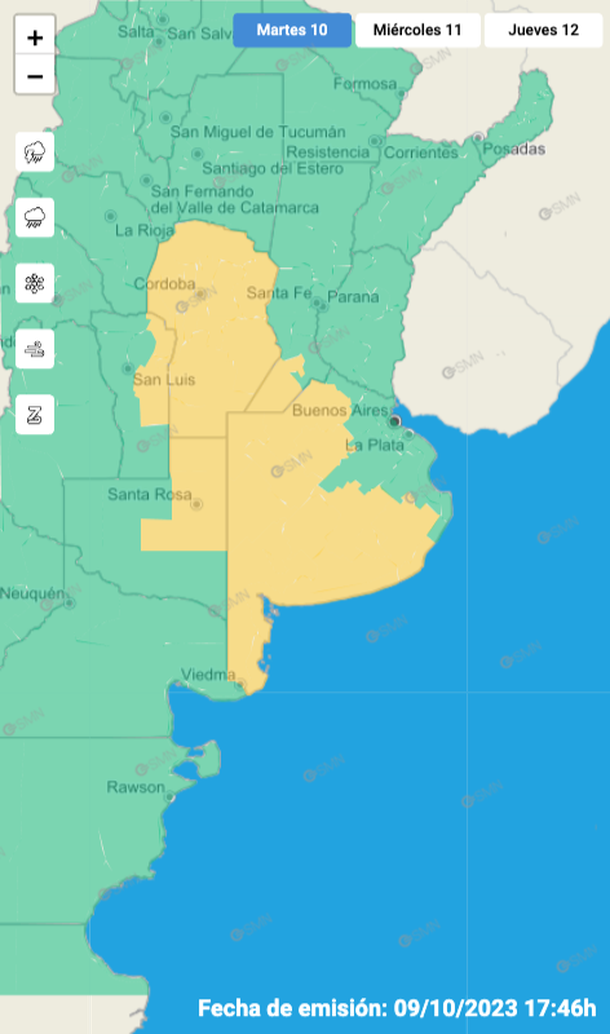 Mapa de alertas por viento fuerte en Buenos Aires y varias zonas del centro del país. Fuente: Servicio Meteorológico Nacional. Mapa de alertas por viento fuerte en Buenos Aires y varias zonas del centro del país. Fuente: Servicio Meteorológico Nacional.