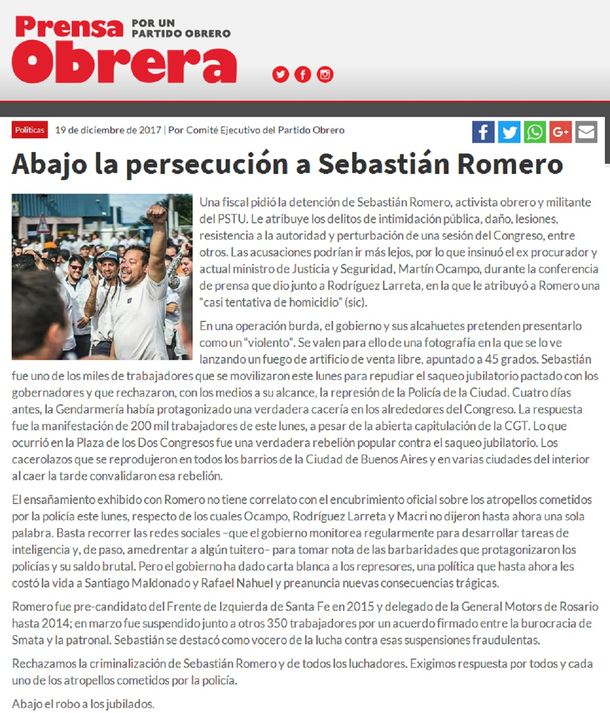 Publicación de Prensa Obrera respaldando al hombre mortero