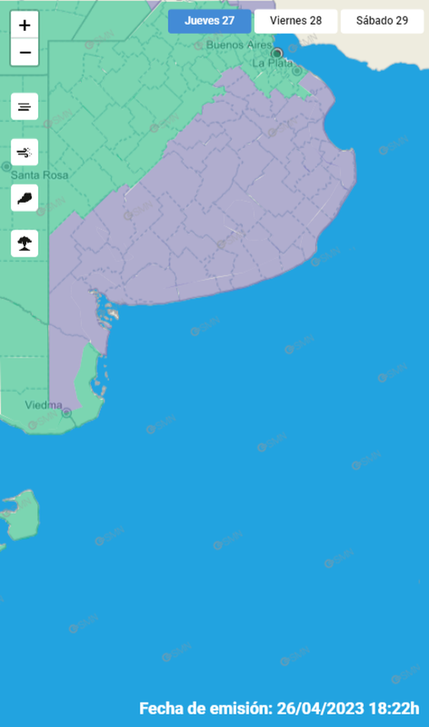 Zonas afectadas por la niebla en la provincia de Buenos Aires. Fuente: Servicio Meteorológico Nacional.