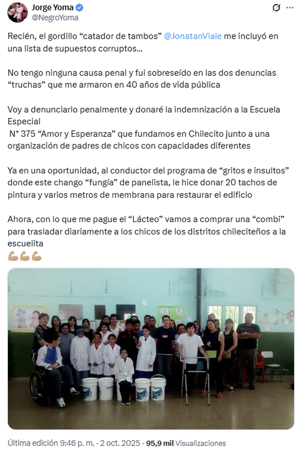 Jorge Yoma respondió a una falsa una acusación de Jonatan Viale por corrupción: Catador de tambos