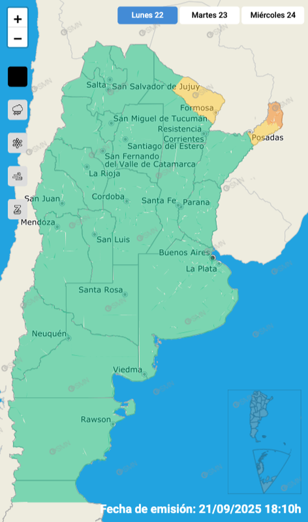Mapa de alerta por tormentas y granizo para este lunes. Fuente: Servicio Meteorológico Nacional. Mapa de alerta por tormentas y granizo para este lunes. Fuente: Servicio Meteorológico Nacional.