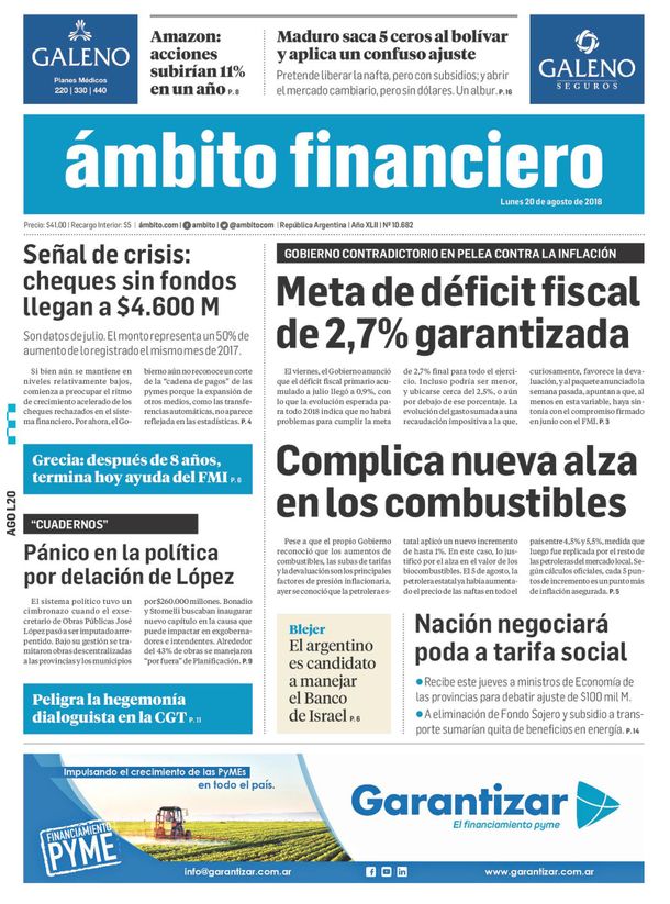 Tapas de diarios del lunes 20 de agosto de 2018