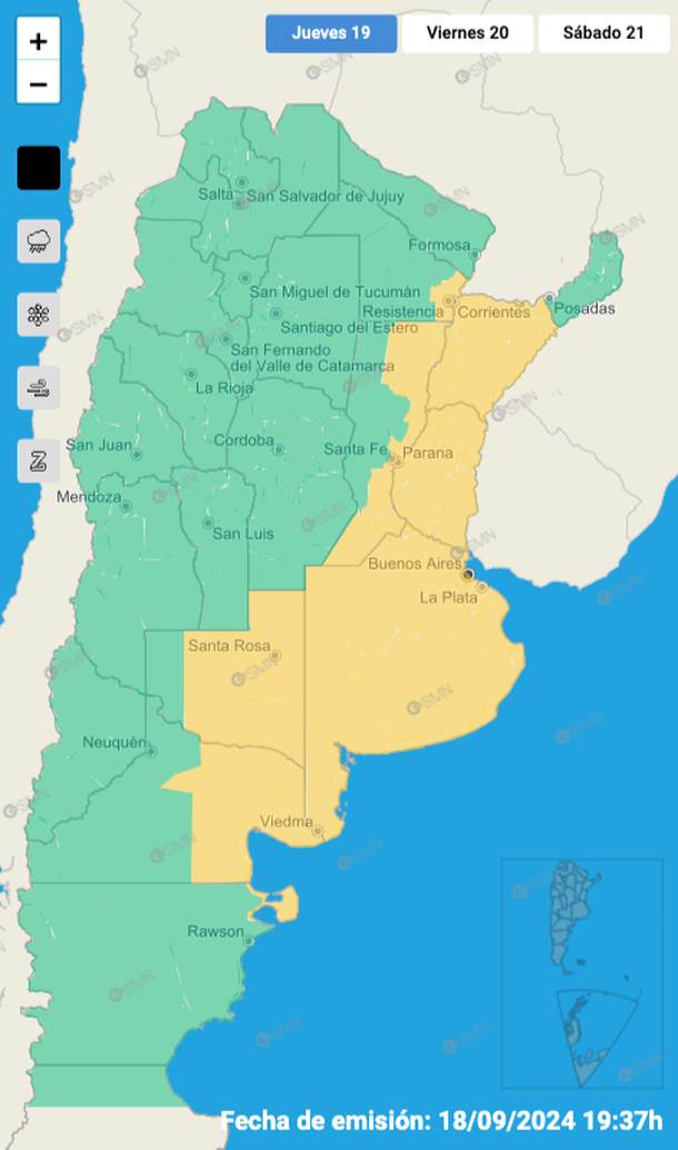 Alerta por tormentas y granizo en Buenos Aires y otras zonas del pa&iacute;s. Fuente: Servicio Meteorol&oacute;gico Nacional.