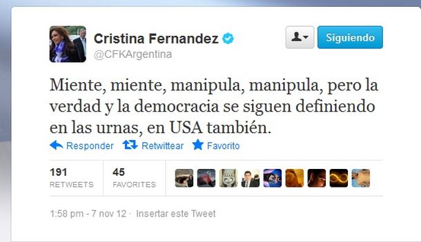 Cristina Fernández también felicitó a Obama por Twitter
